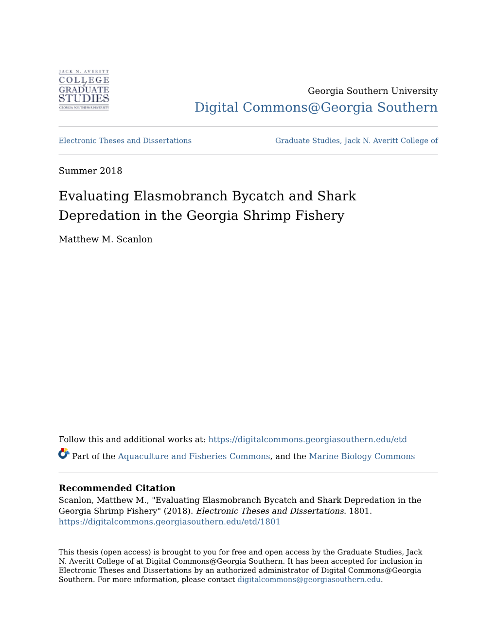 Evaluating Elasmobranch Bycatch and Shark Depredation in the Georgia Shrimp Fishery