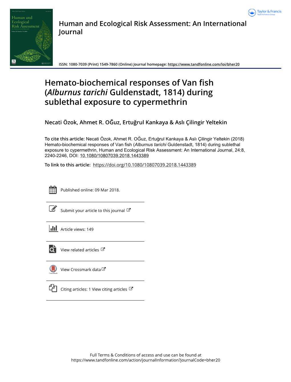 Hemato-Biochemical Responses of Van Fish (Alburnus Tarichi Guldenstadt, 1814) During Sublethal Exposure to Cypermethrin