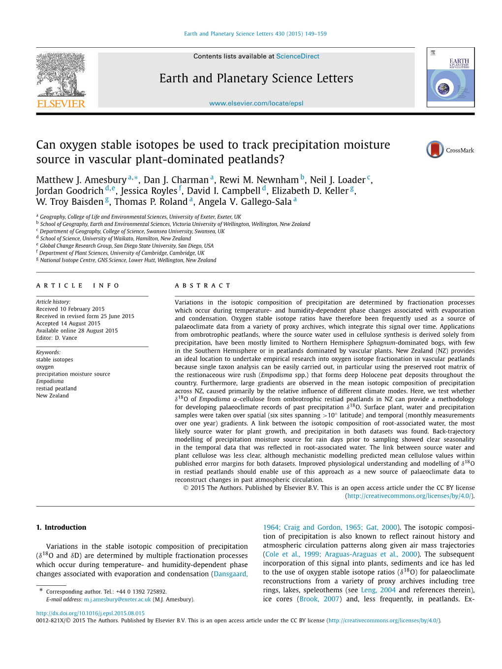 Can Oxygen Stable Isotopes Be Used to Track Precipitation Moisture Source in Vascular Plant-Dominated Peatlands? ∗ Matthew J