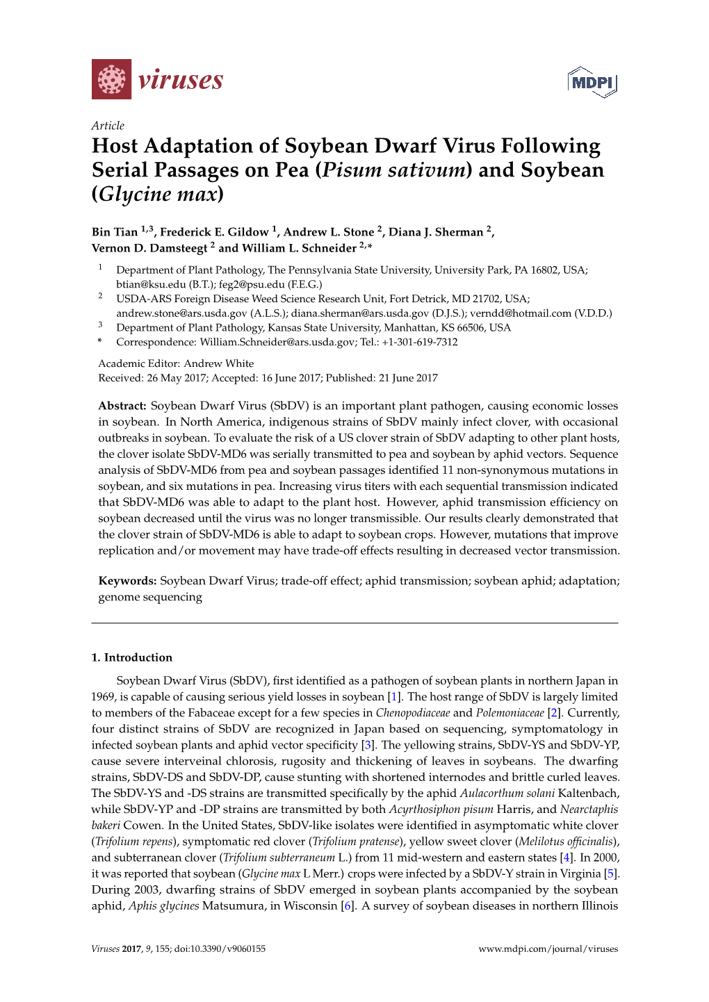 Host Adaptation of Soybean Dwarf Virus Following Serial Passages on Pea (Pisum Sativum) and Soybean (Glycine Max)