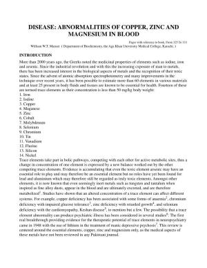 Disease: Abnormalities of Copper, Zinc and Magnesium in Blood