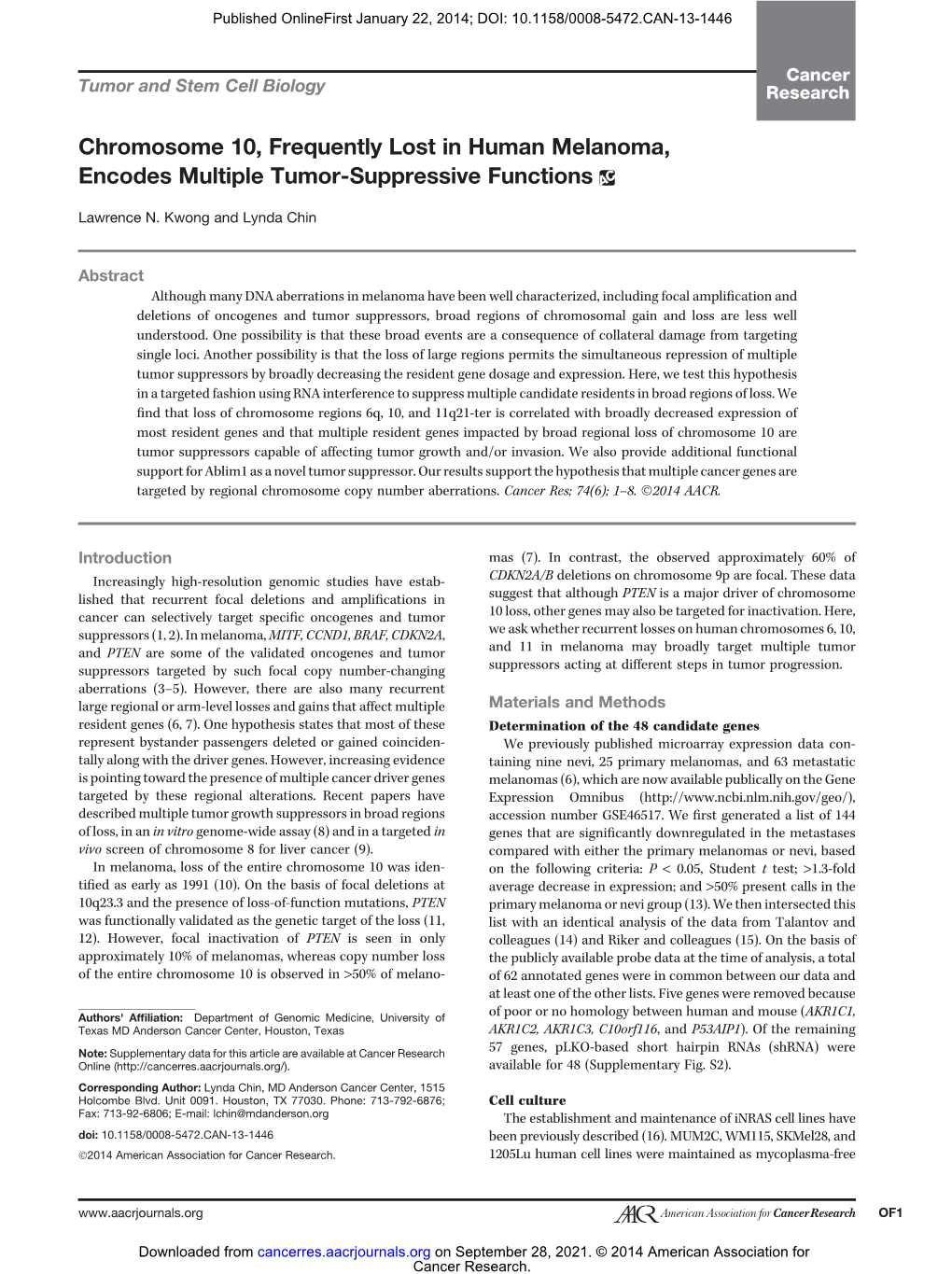 Chromosome 10, Frequently Lost in Human Melanoma, Encodes Multiple Tumor-Suppressive Functions