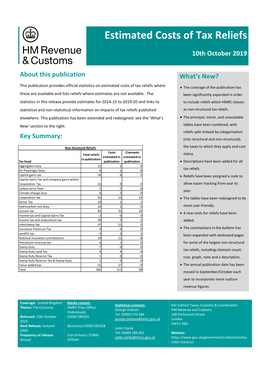 Estimated Costs of Tax Reliefs