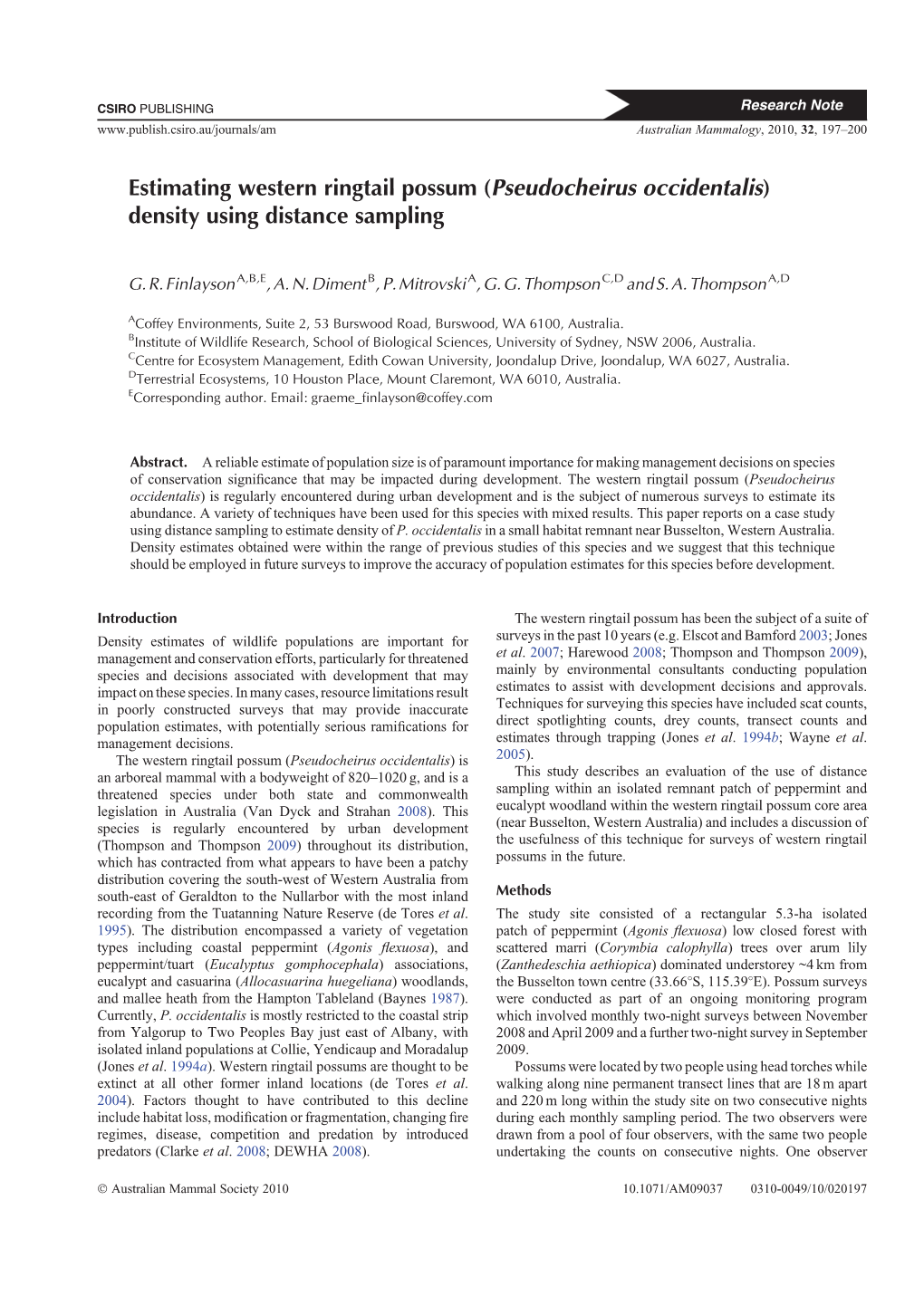 Estimating Western Ringtail Possum (Pseudocheirus Occidentalis) Density Using Distance Sampling