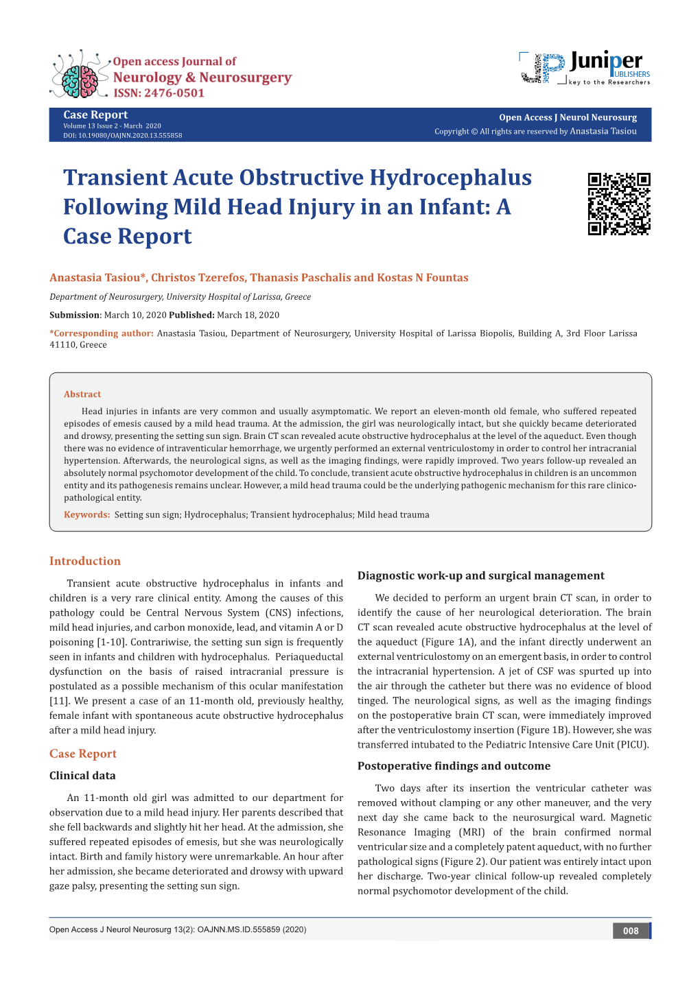 Transient Acute Obstructive Hydrocephalus Following Mild Head Injury in an Infant: a Case Report