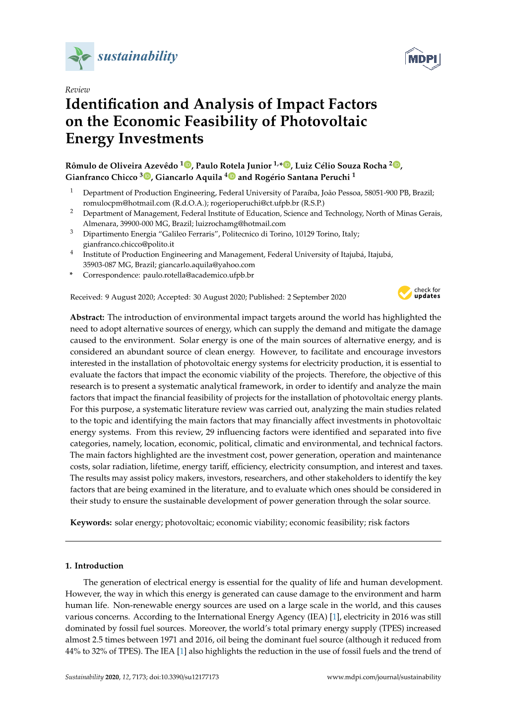 Identification and Analysis of Impact Factors on the Economic Feasibility