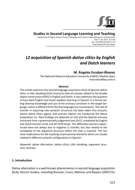 L2 Acquisition of Spanish Dative Clitics by English and Dutch Learners