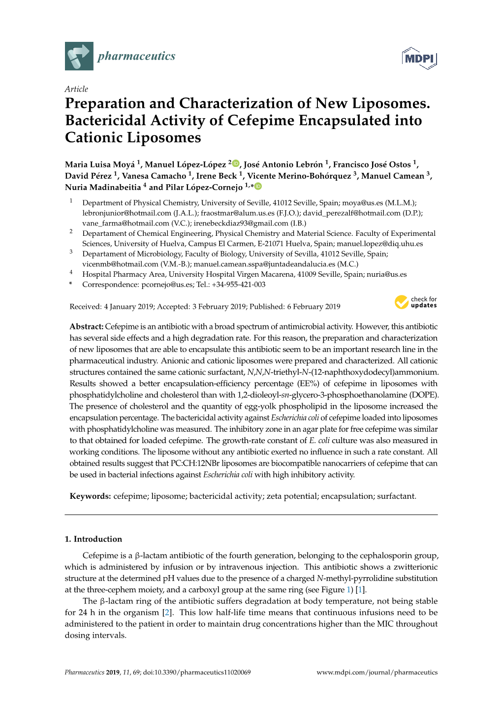 Preparation and Characterization of New Liposomes. Bactericidal Activity of Cefepime Encapsulated Into Cationic Liposomes