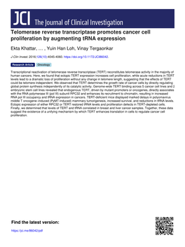 Telomerase Reverse Transcriptase Promotes Cancer Cell Proliferation by Augmenting Trna Expression