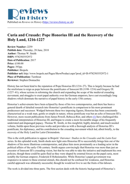 Curia and Crusade: Pope Honorius III and the Recovery of the Holy Land, 1216-1227