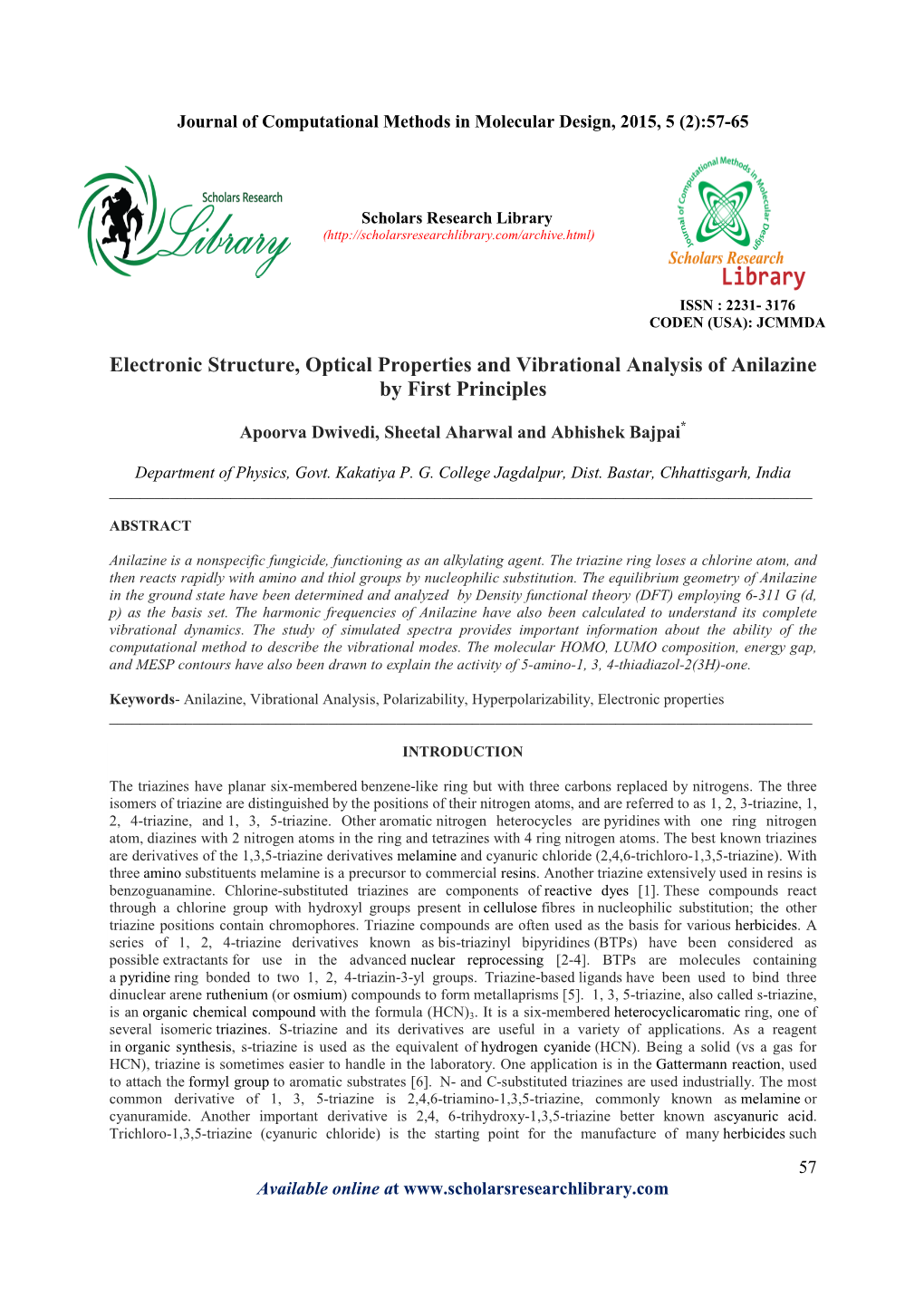 Electronic Structure, Optical Properties and Vibrational Analysis of Anilazine by First Principles