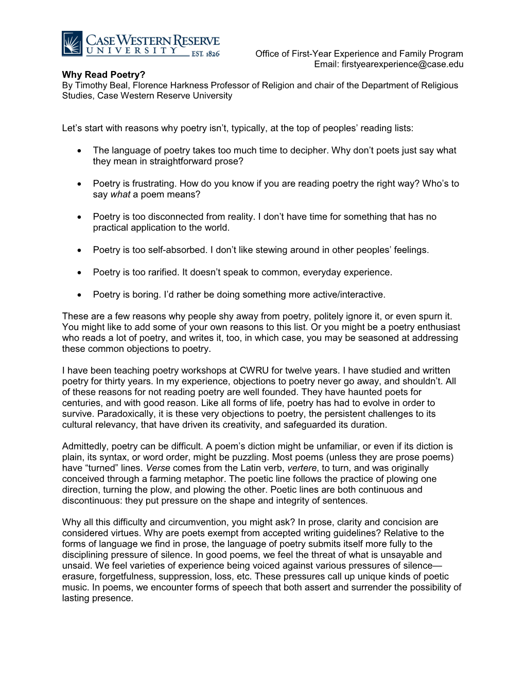 Why Read Poetry? by Timothy Beal, Florence Harkness Professor of Religion and Chair of the Department of Religious Studies, Case Western Reserve University