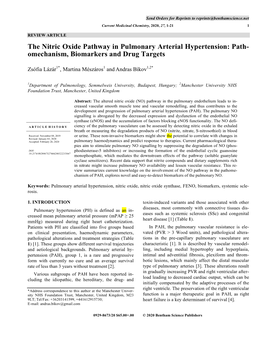 The Nitric Oxide Pathway in Pulmonary Arterial Hypertension: Path- Omechanism, Biomarkers and Drug Targets