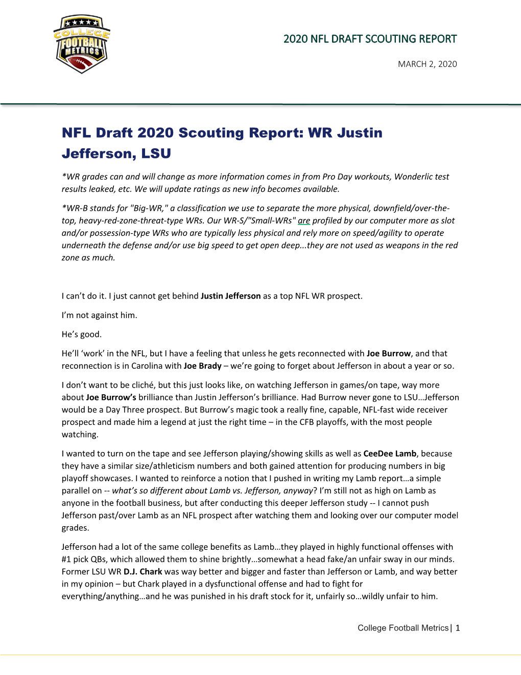 NFL Draft 2020 Scouting Report: WR Justin Jefferson, LSU