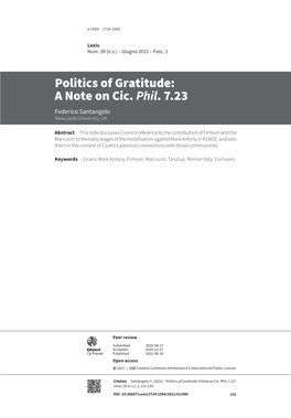 Politics of Gratitude: a Note on Cic. Phil. 7.23 Federico Santangelo Newcastle University, UK
