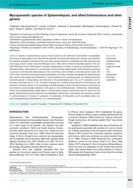 AR TICLE Mycoparasitic Species of Sphaerellopsis, and Allied Lichenicolous and Other Genera