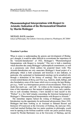 Phenomenological Interpretations with Respect to Aristotle: Indication of the Herrneneutical Situation by Martin Heidegger
