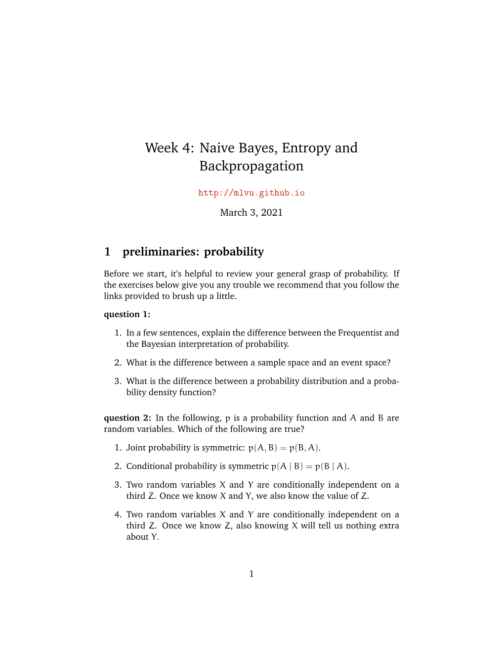 Week 4: Naive Bayes, Entropy and Backpropagation