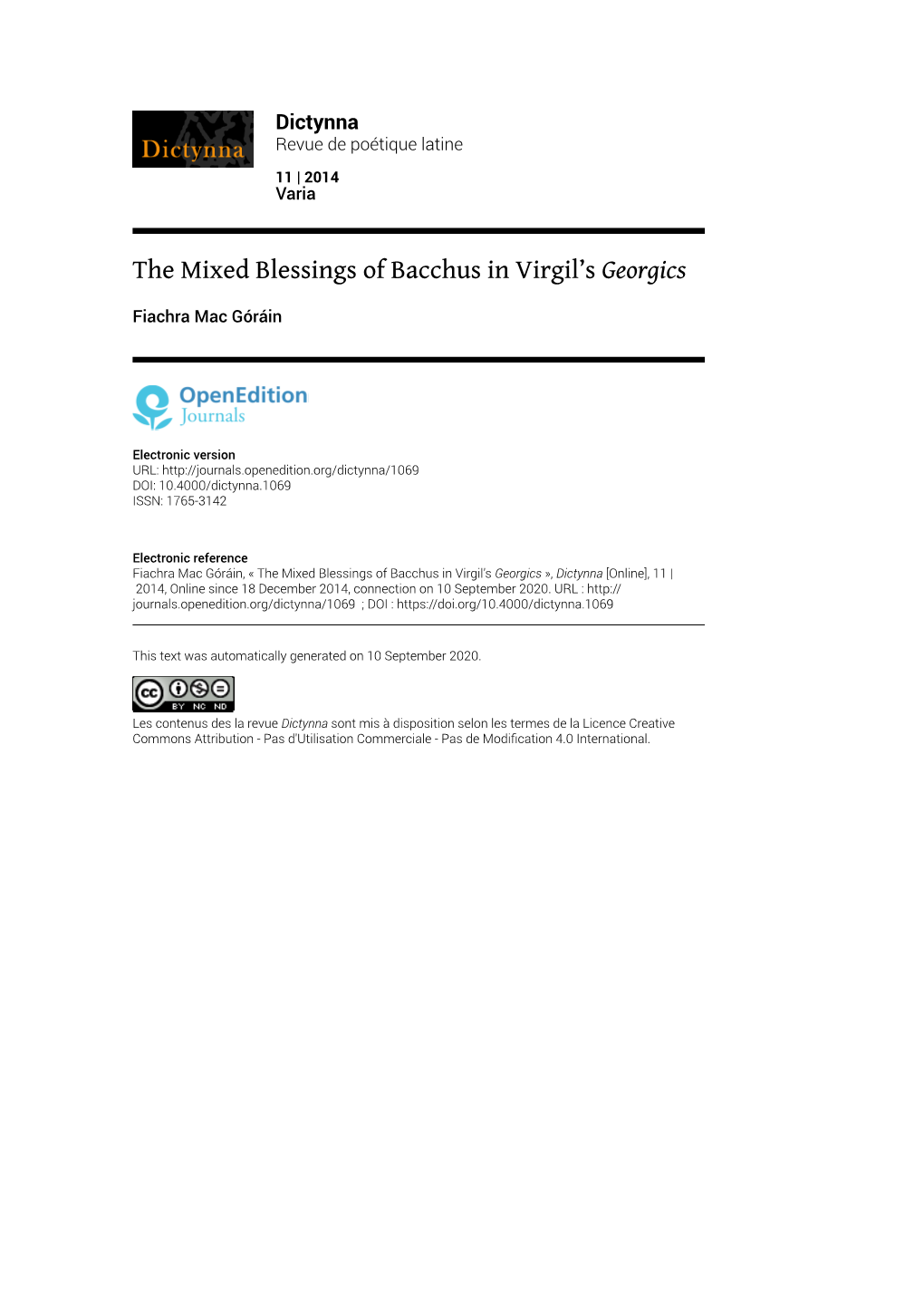 Dictynna, 11 | 2014 the Mixed Blessings of Bacchus in Virgil’S Georgics 2