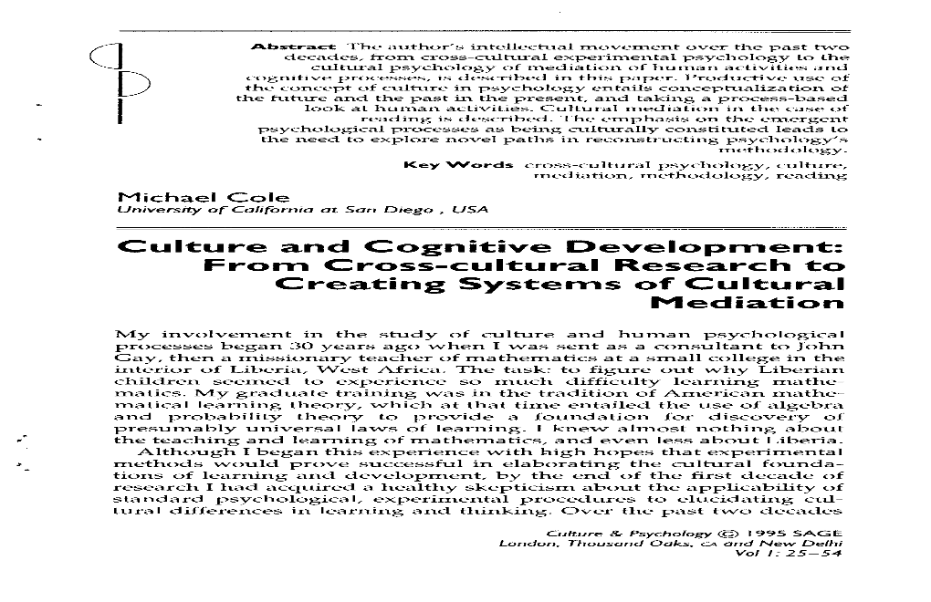 Culture and Cognitive Development: from Cross-Cultural Research to Creating Systems of Cultural Mediation