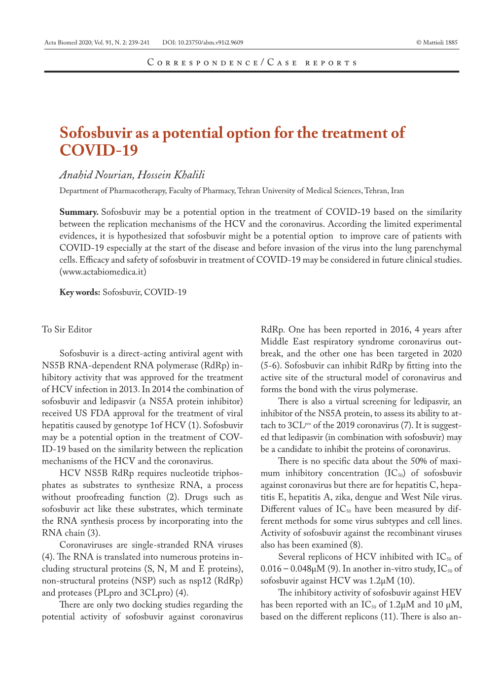 Sofosbuvir As a Potential Option for the Treatment of COVID-19