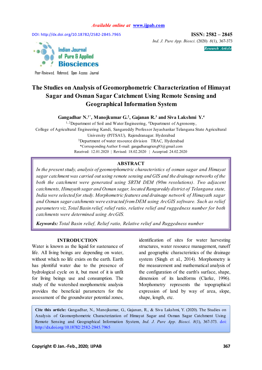 The Studies on Analysis of Geomorphometric Characterization of Himayat Sagar and Osman Sagar Catchment Using Remote Sensing and Geographical Information System