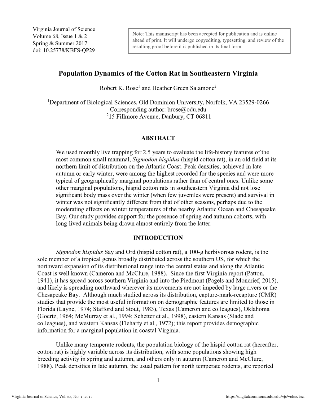 Population Dynamics of the Cotton Rat in Southeastern Virginia
