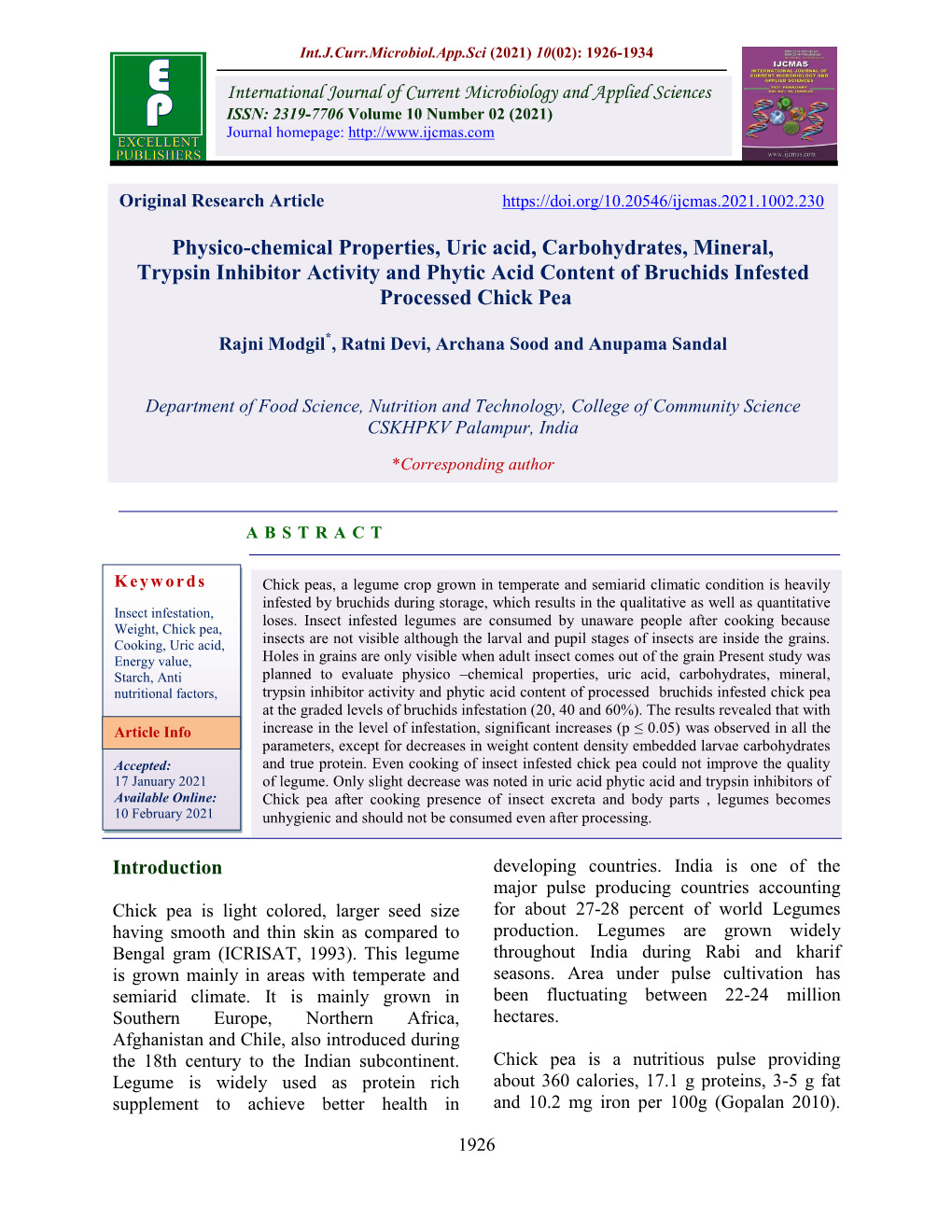 Physico-Chemical Properties, Uric Acid, Carbohydrates, Mineral, Trypsin Inhibitor Activity and Phytic Acid Content of Bruchids Infested Processed Chick Pea