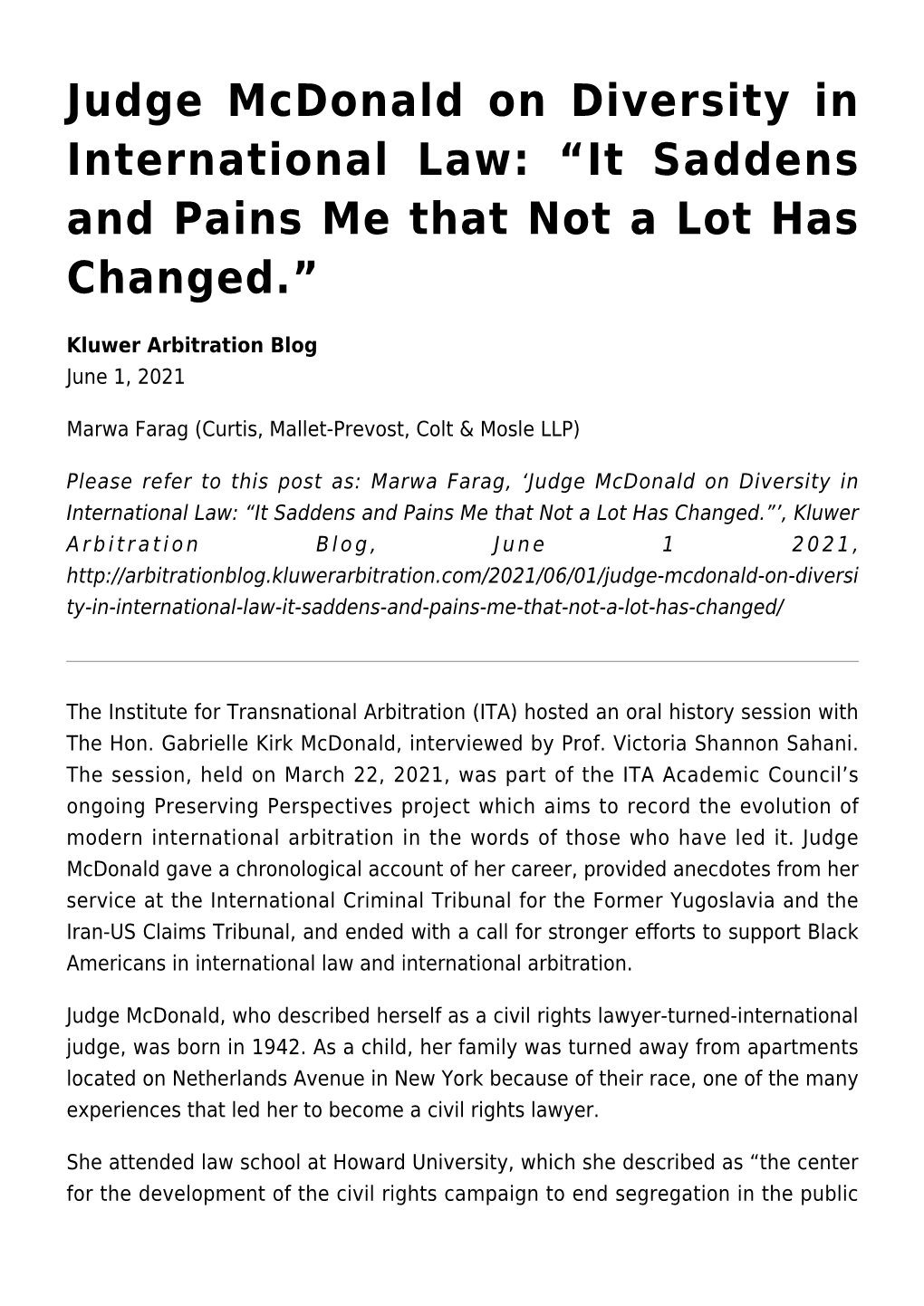 Judge Mcdonald on Diversity in International Law: “It Saddens and Pains Me That Not a Lot Has Changed.”