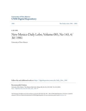 New Mexico Daily Lobo, Volume 085, No 145, 4/30/1981." 85, 145 (1981)