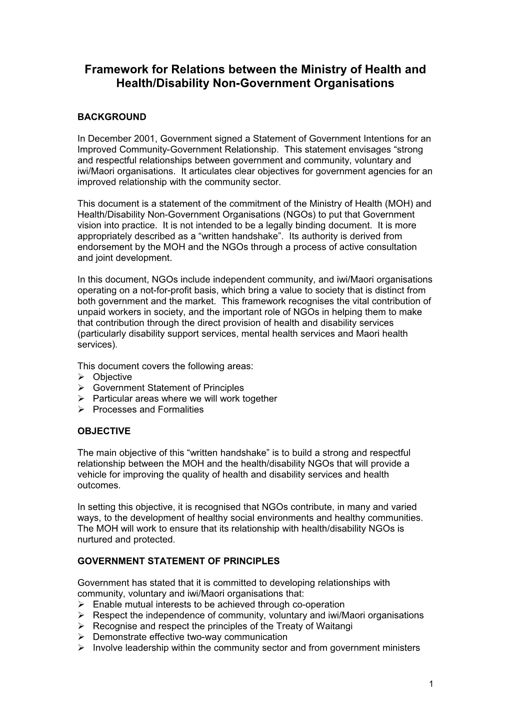 Framework for Relations Between the Ministry of Health and Health/Disability Non-Government