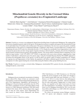 Mitochondrial Genetic Diversity in the Crowned Sifaka (Propithecus Coronatus) in a Fragmented Landscape