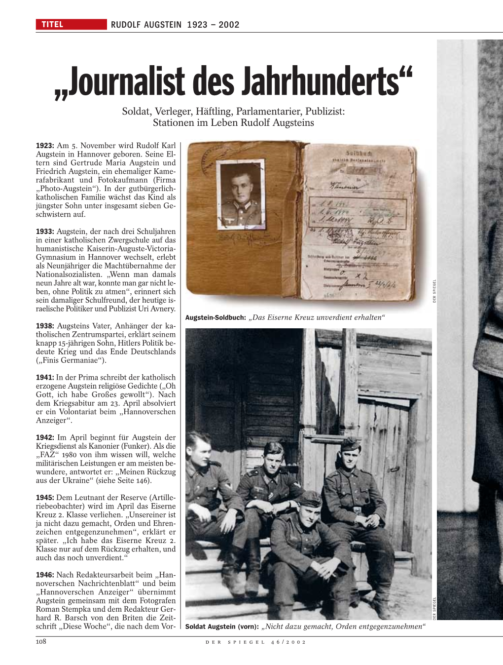 „Journalist Des Jahrhunderts“ Soldat, Verleger, Häftling, Parlamentarier, Publizist: Stationen Im Leben Rudolf Augsteins