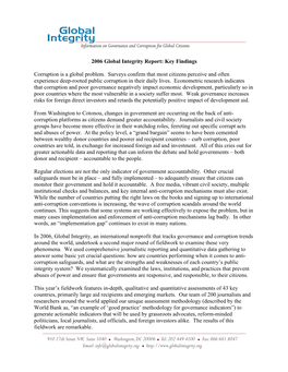 2006 Global Integrity Report: Key Findings Corruption Is a Global