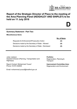 KEIGHLEY and SHIPLEY) to Be Held on 11 July 2018