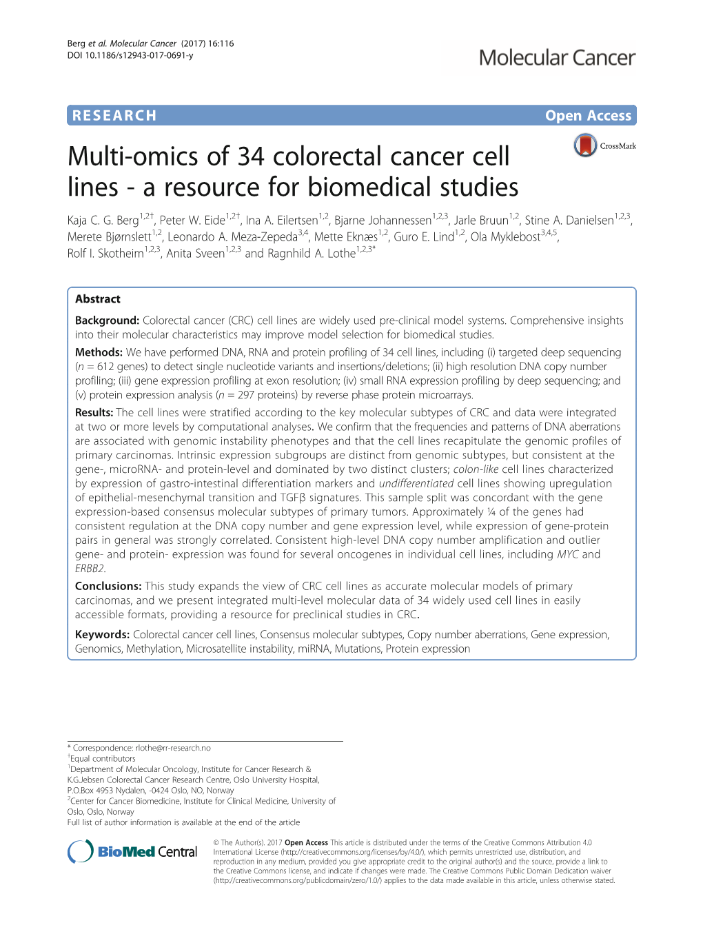 Multi-Omics of 34 Colorectal Cancer Cell Lines - a Resource for Biomedical Studies Kaja C