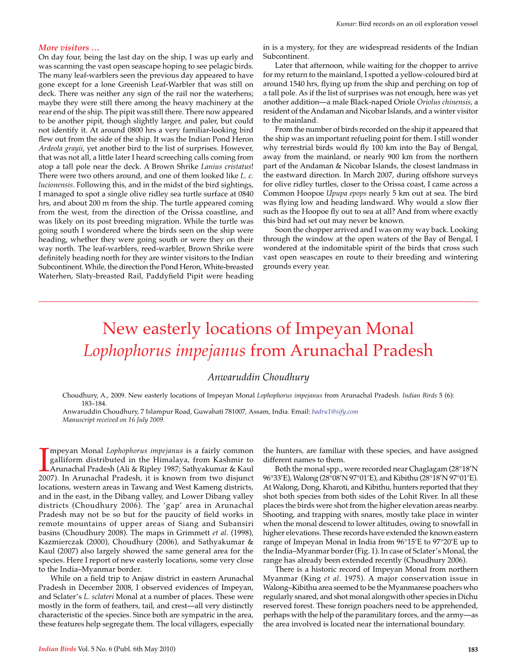 New Easterly Locations of Impeyan Monal Lophophorus Impejanus from Arunachal Pradesh