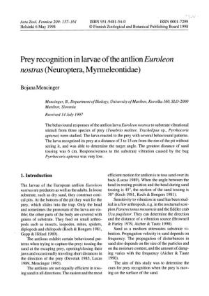 Prey Recognition in Larvae of the Antlion Euroleon Nostras (Neuroptera, Myrrneleontidae)