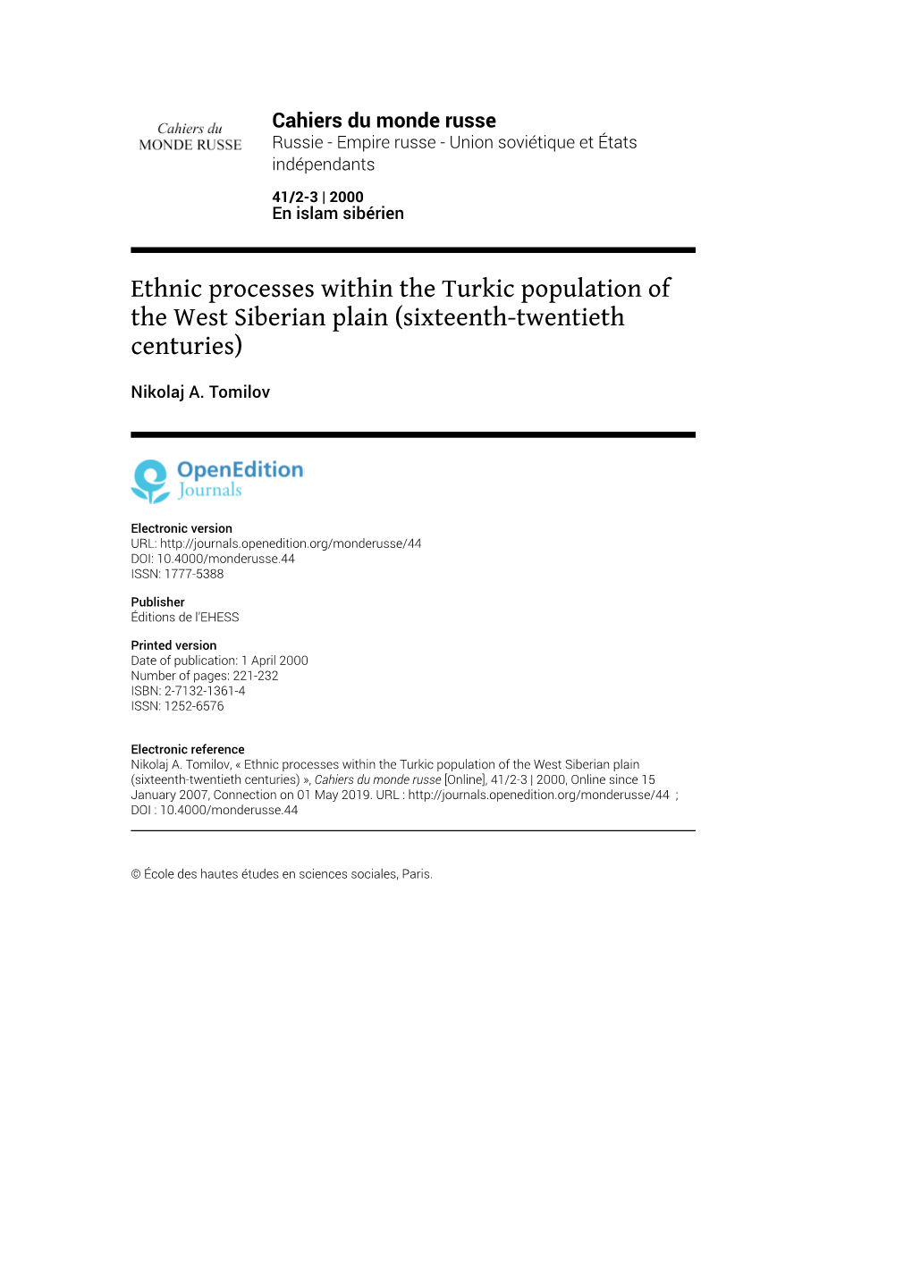 Ethnic Processes Within the Turkic Population of the West Siberian Plain (Sixteenth-Twentieth Centuries)