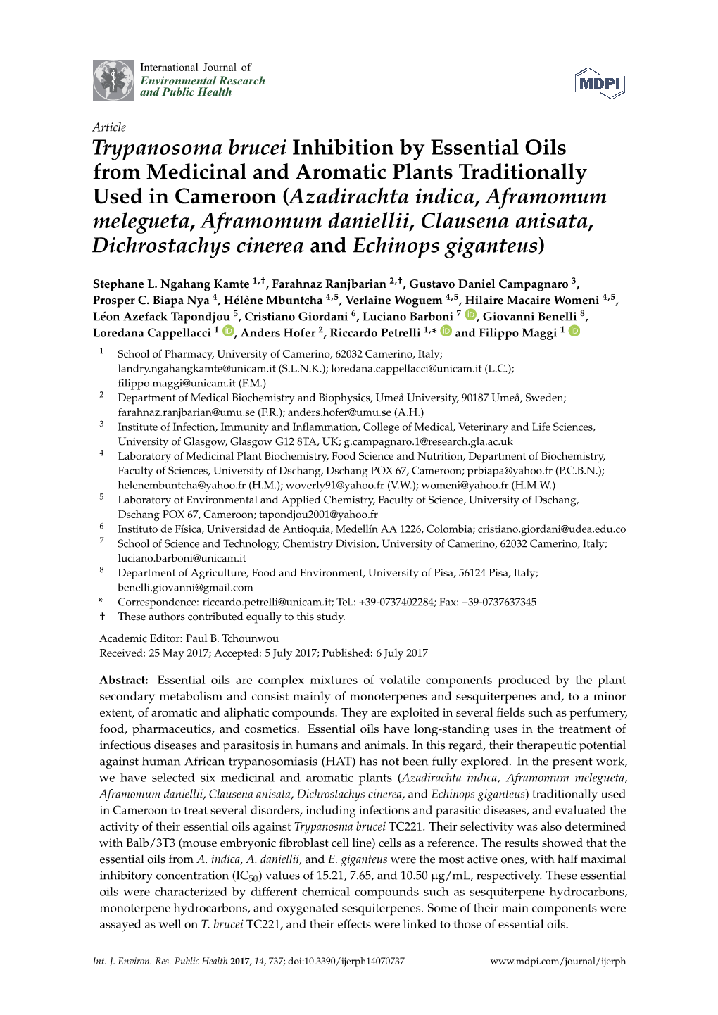 Trypanosoma Brucei Inhibition by Essential Oils from Medicinal and Aromatic Plants Traditionally Used in Cameroon (Azadirachta Indica, Aframomum Melegueta, Aframomum