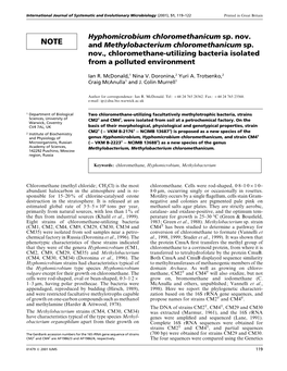 Hyphomicrobium Chloromethanicum Sp. Nov. and Methylobacterium