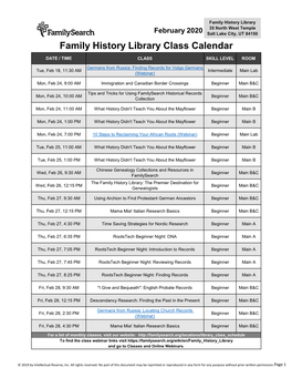 Family History Library Class Calendar