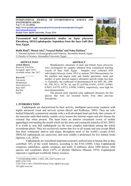 Taxonomical and Morphometric Studies on Sepia Pharaonis Ehrenberg, 1831(Cephalopoda: Sepioidea) from the Suez Gulf (Red Sea), Egypt