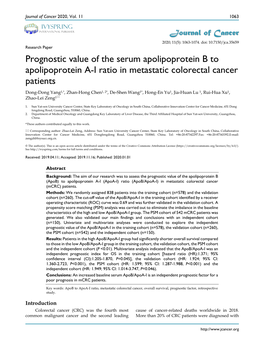 Prognostic Value of the Serum Apolipoprotein B to Apolipoprotein A-I Ratio in Metastatic Colorectal Cancer Patients