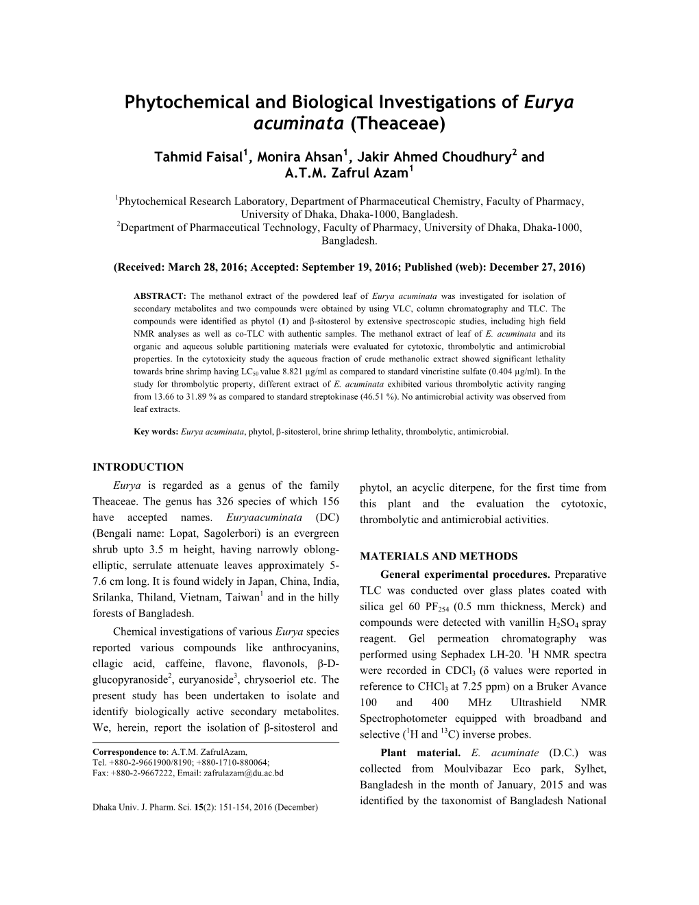 Phytochemical and Biological Investigations of Eurya Acuminata (Theaceae)