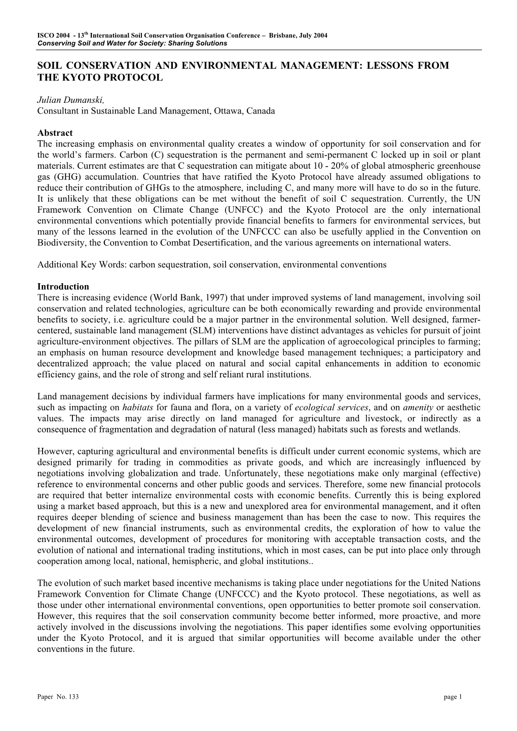 Soil Conservation and Environmental Management: Lessons from the Kyoto Protocol