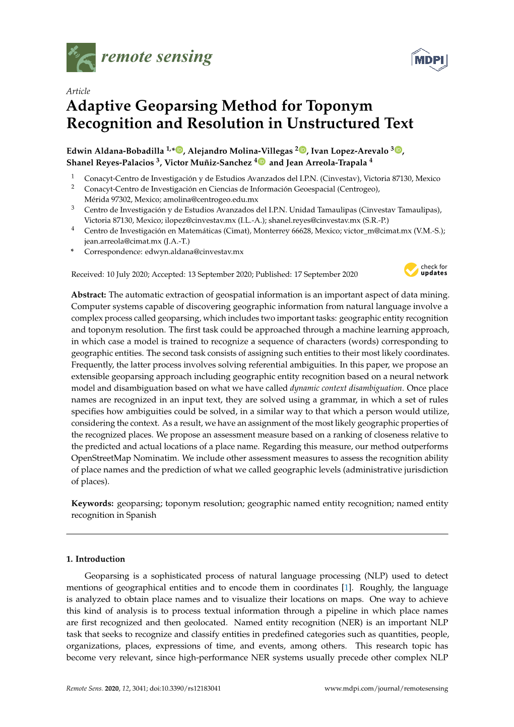 Adaptive Geoparsing Method for Toponym Recognition and Resolution in Unstructured Text