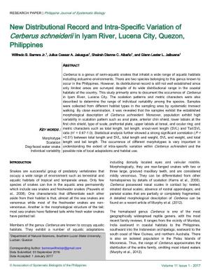 New Distributional Record and Intra-Specific Variation of Cerberus Schneiderii in Iyam River, Lucena City, Quezon, Philippines