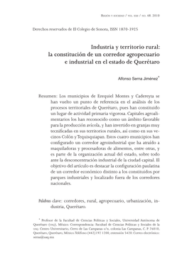 Industria Y Territorio Rural: La Constitución De Un Corredor Agropecuario E Industrial En El Estado De Querétaro
