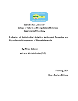 Debre Berhan University College of Natural and Computational Sciences Department of Chemistry Evaluation of Antimicrobial Activi